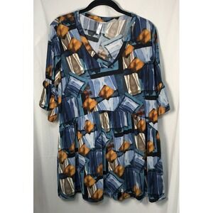 Unbranded The Pink Lady Blue Geometric V-Neck Top w Bell Sleeves - Size 1X